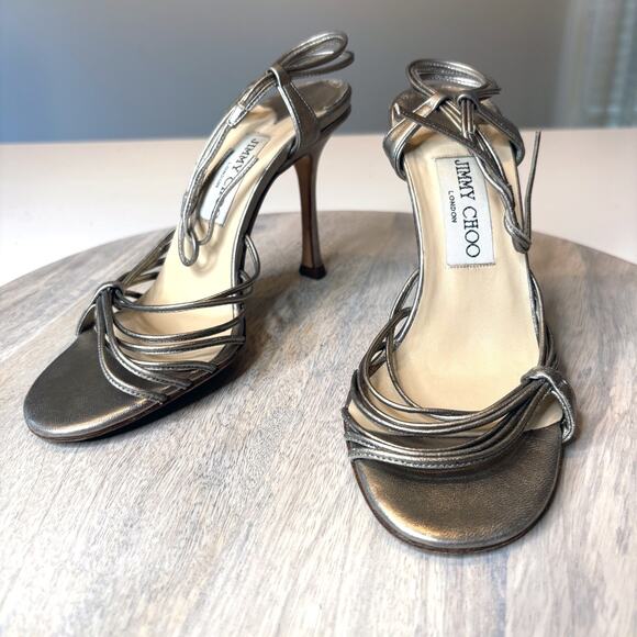 Jimmy Choo Metallic Pewter Strappy Heels EU 37 Italy Leather Sandals Sexy US 7 - Picture 3 of 10